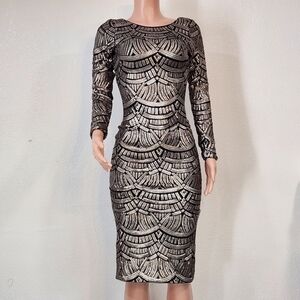 Dress the Population Black and Silver Long Sleeve Dress